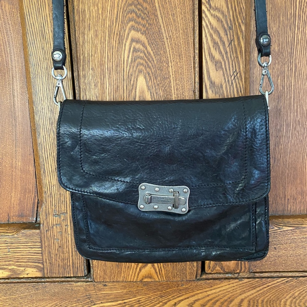 Campomaggi black leather satchel purse bag accordion fold long strap crossbody